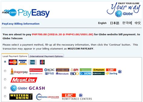 globe payment methods